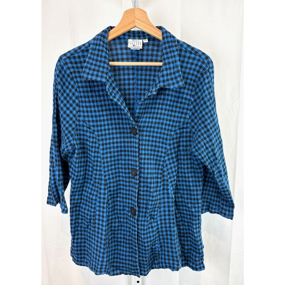MILL VALLEY Clothing Co XL Trumpet Shirt Button Up 3/4 Sleeve Cotton Linen Blue